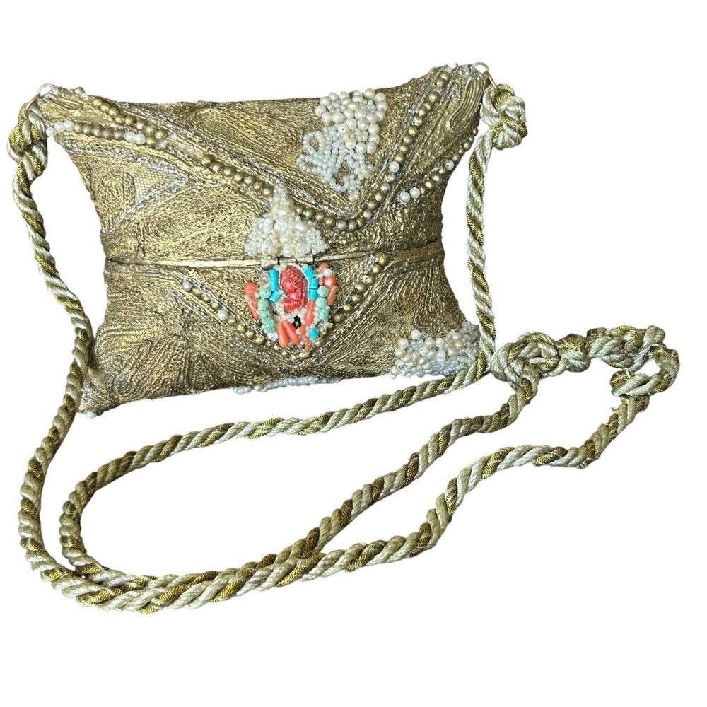 Antique Gold Metallic Embroidered Purse Beaded Coral Turquoise Pearl Evening Bag